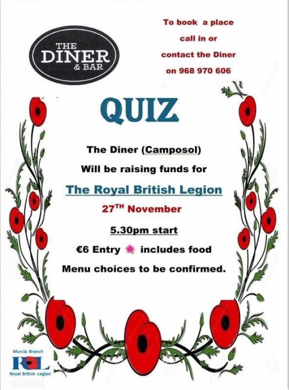 November 27 Quiz night at The Diner in aid of The Royal British Legion